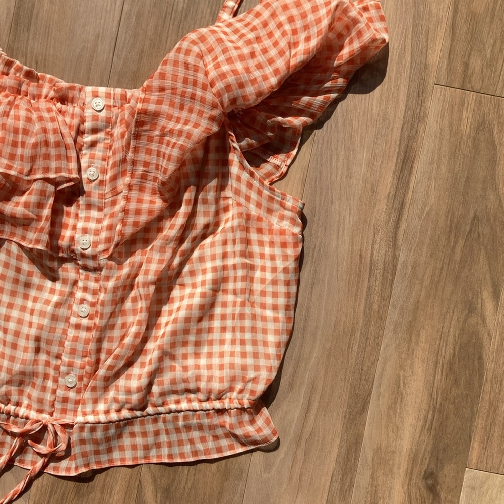 LC Lauren Conrad check print ruffle detail boho top L - Picture 11 of 17